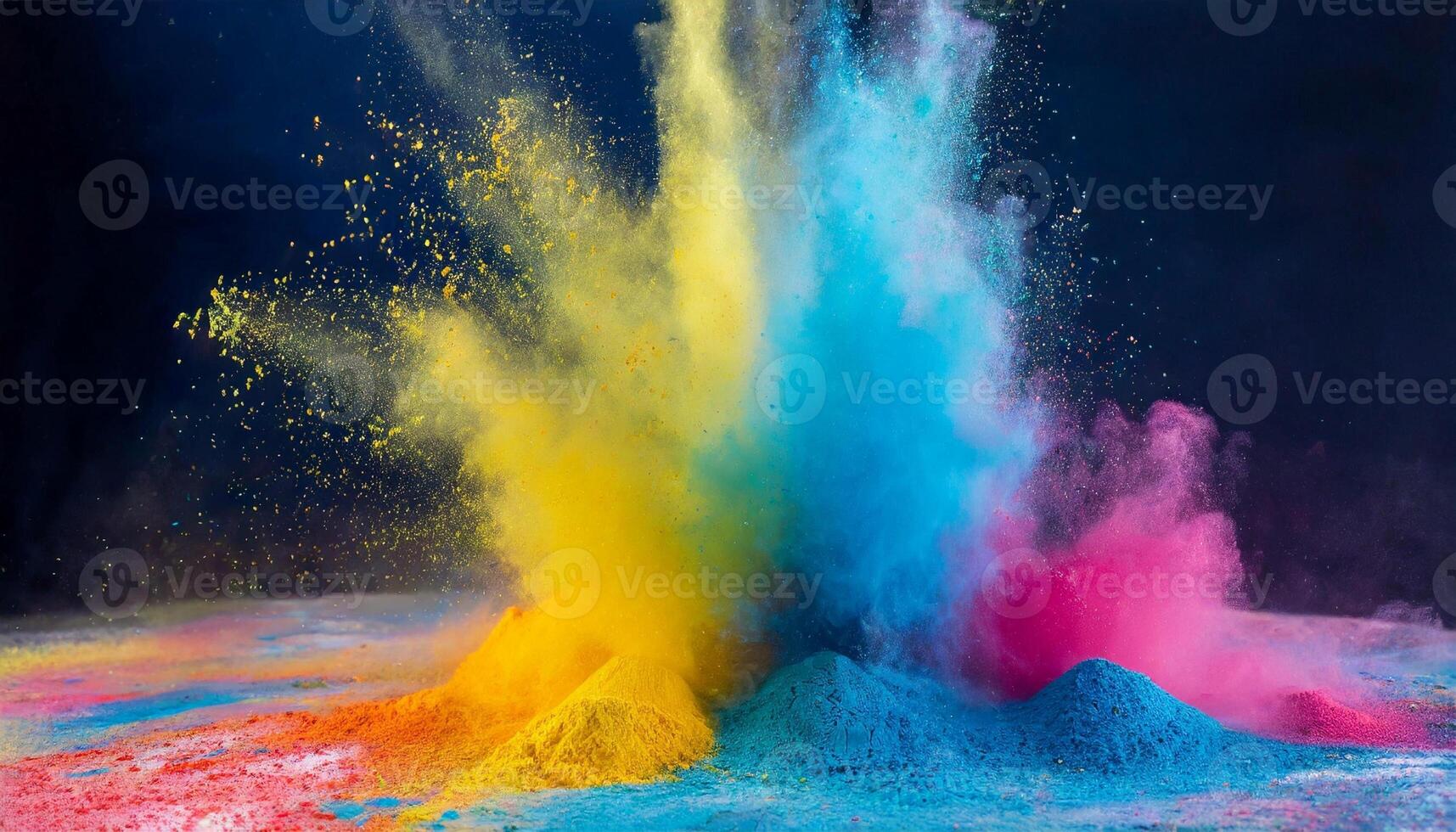 Multicolored powder paint explodes in the air. Abstract brightly colored haze for Holi festival. photo