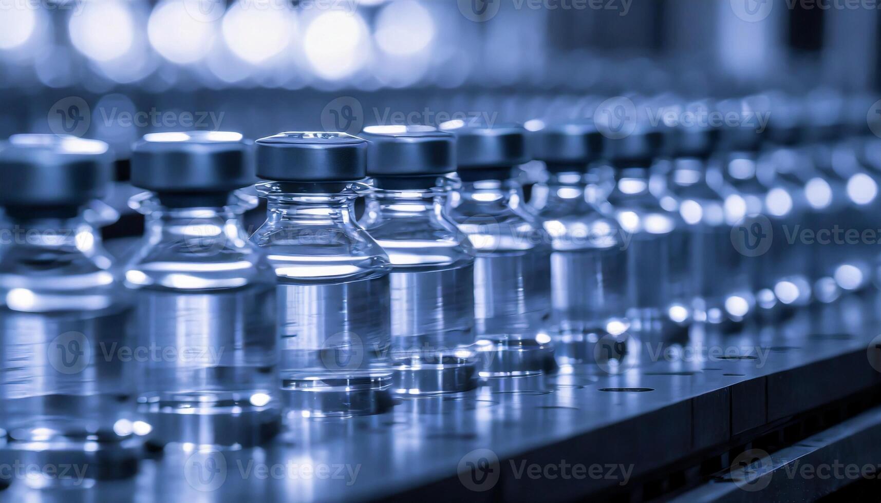 Medical glass vials on the production line. Pharmaceutical factory. photo