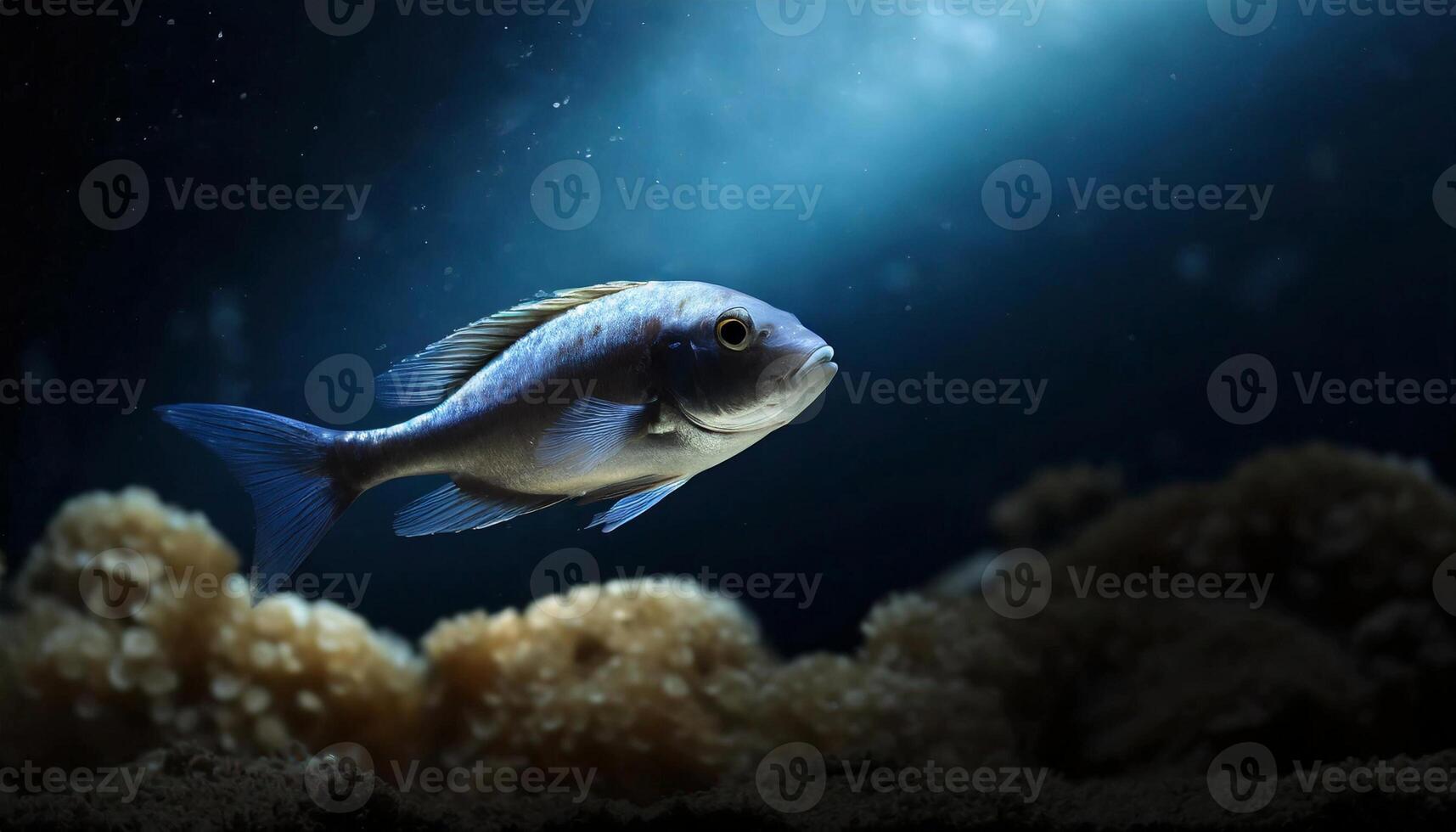 Fish swimming in the depths of the ocean. Sea creature in dark water. photo