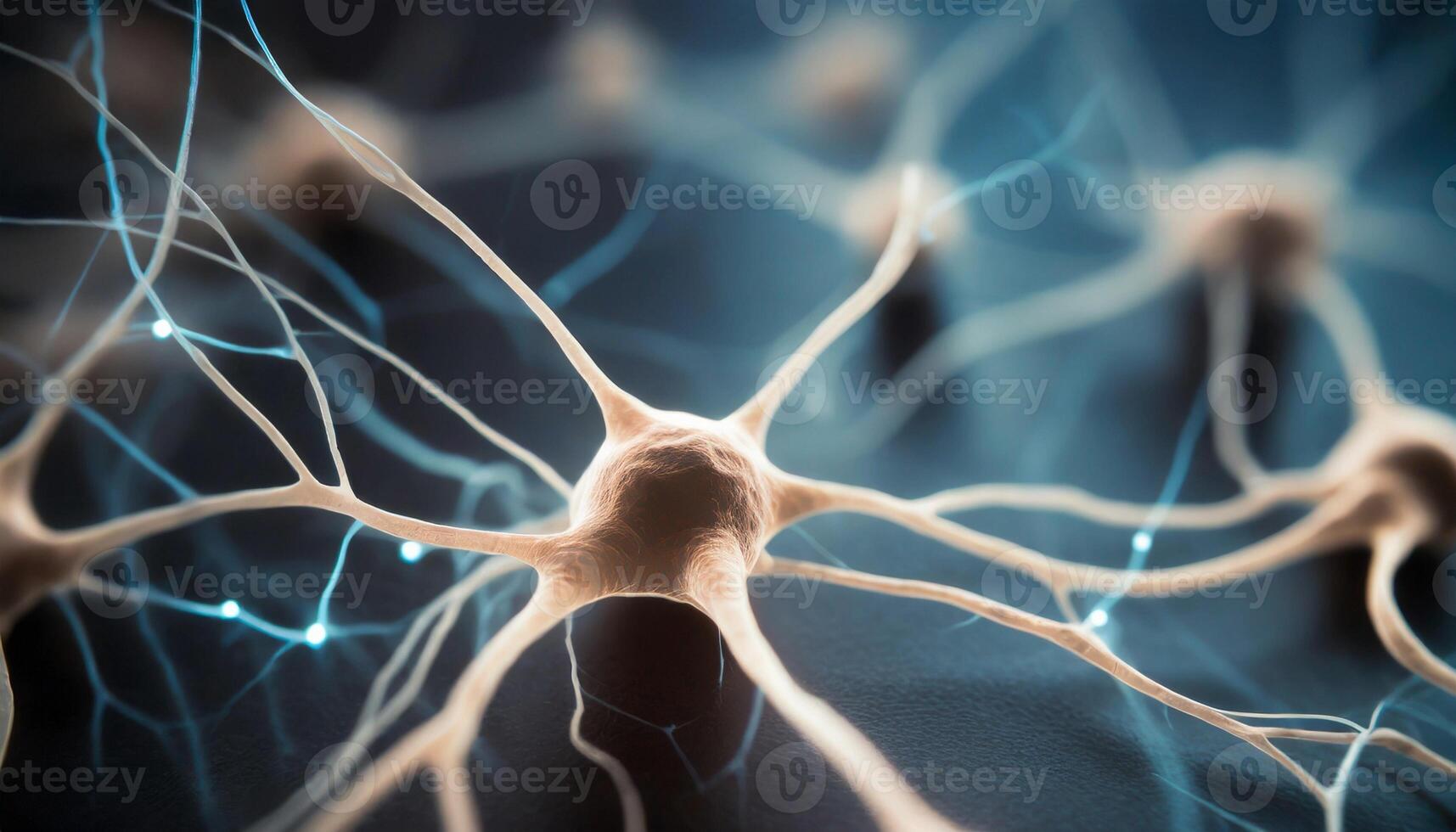 Neuron cells with electrical pulses. Neurons activity. Medical background photo
