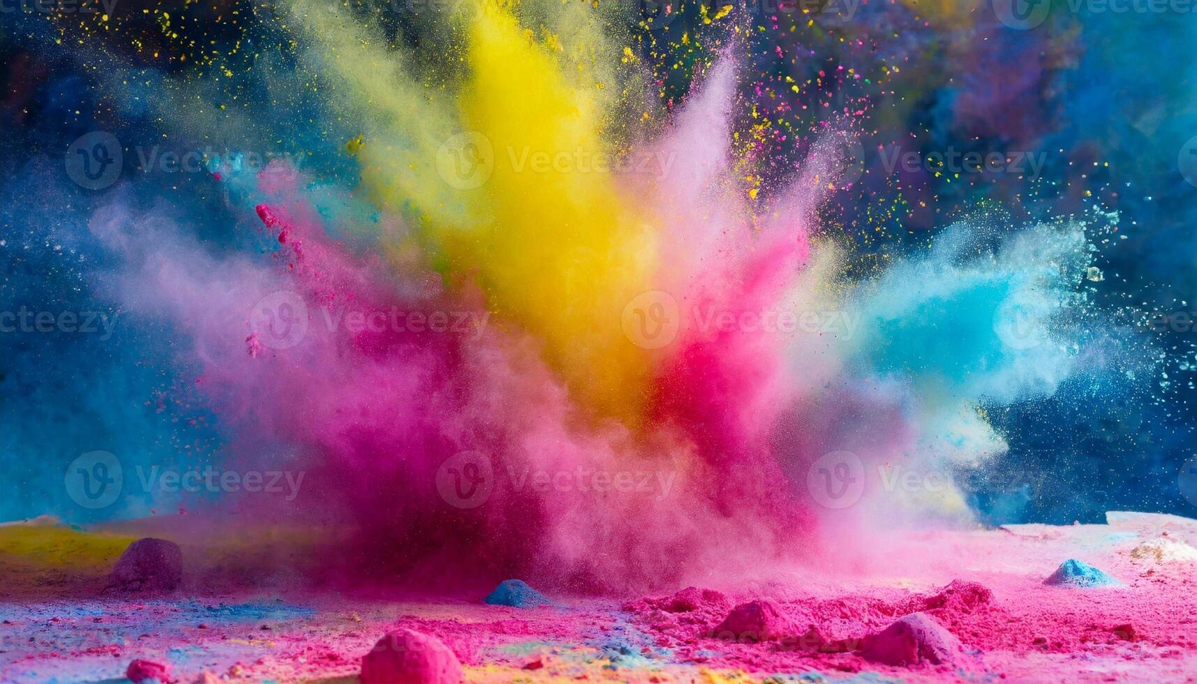 Multicolored powder paint explodes in the air. Abstract brightly colored haze for Holi festival. photo