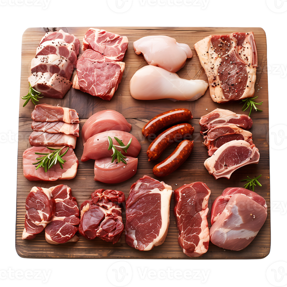 various cuts of raw meat arranged on a wooden board on transparent background png