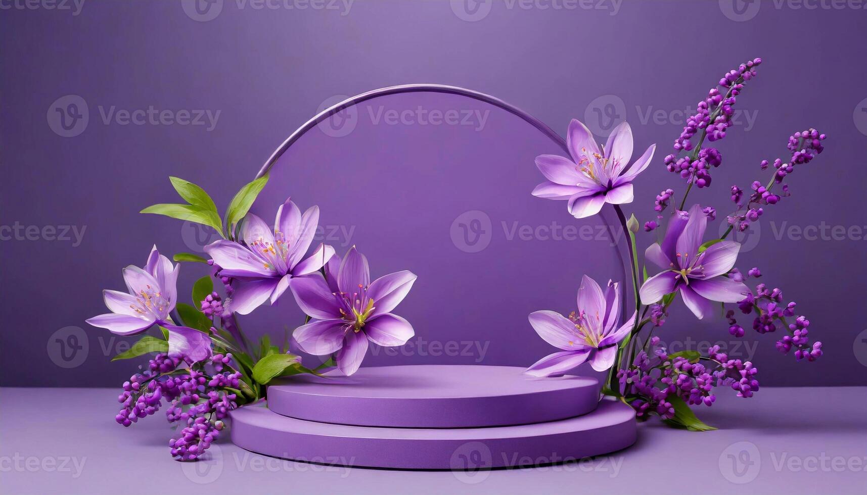 Mock up with round stone podium and spring flowers on purple background. photo