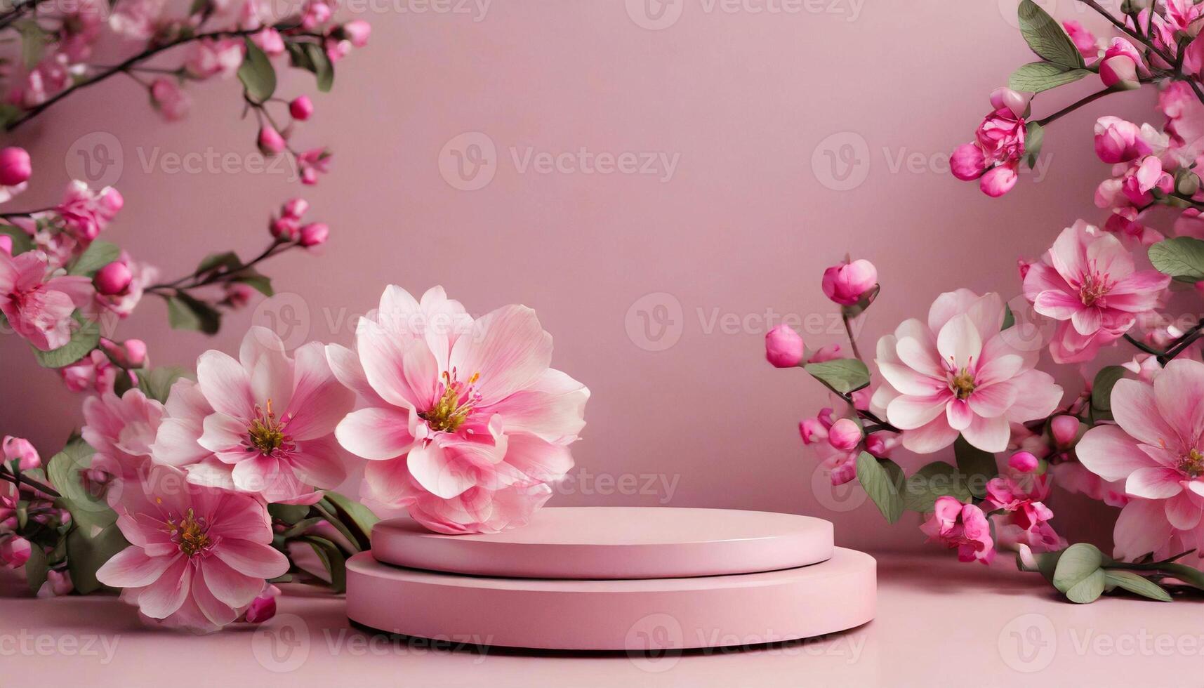 Mock up with round stone podium and spring flowers on pink background. photo