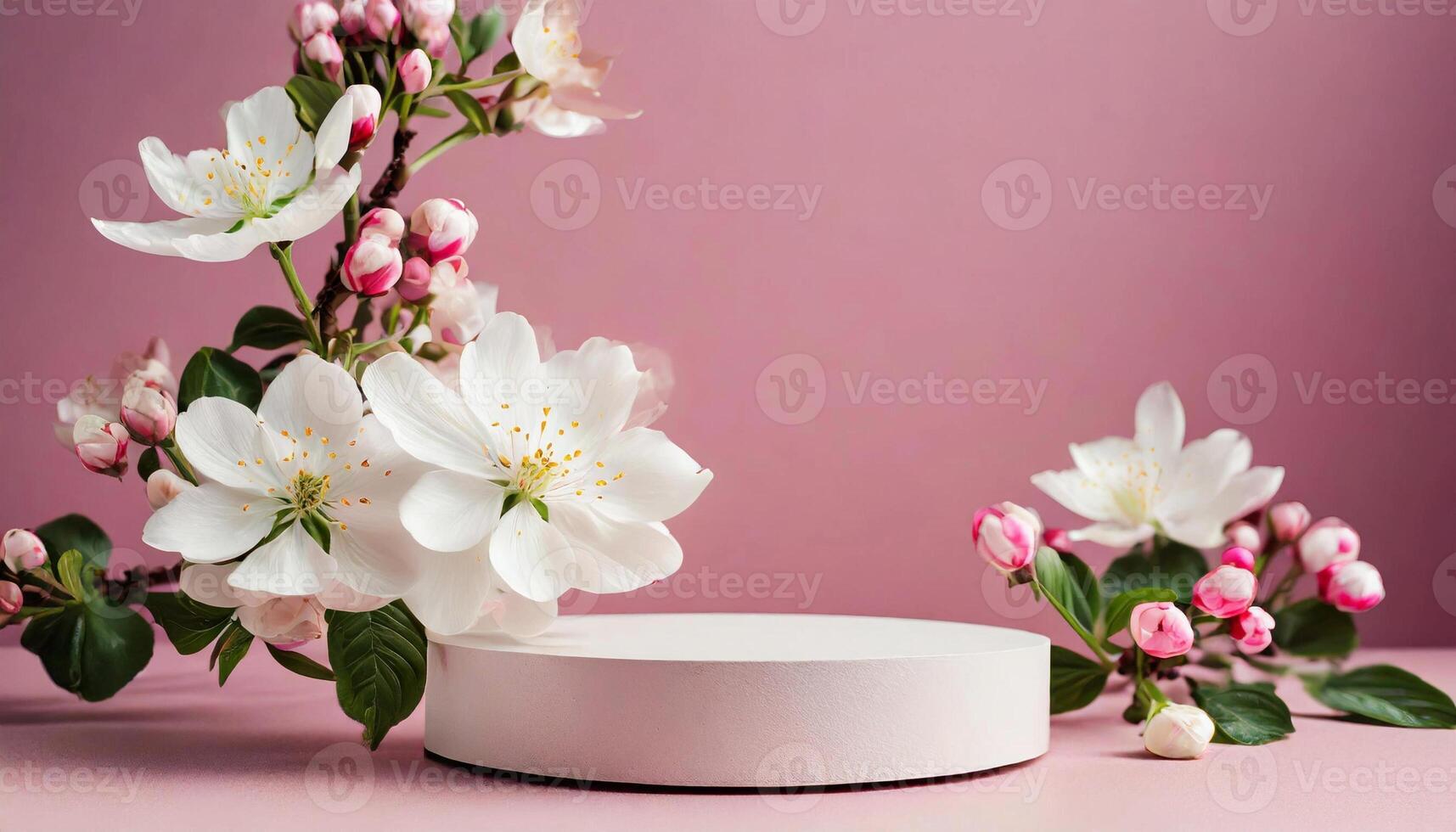 Mock up with round stone podium and spring floral branches on pink background. photo