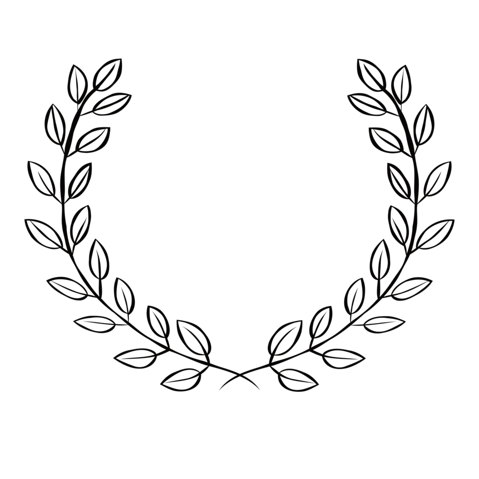 Black circular hand draw foliate laurels branches. Laurel wreath. Vintage laurel, Heraldic trophy crest, Greek olive branch award, winner round emblem png