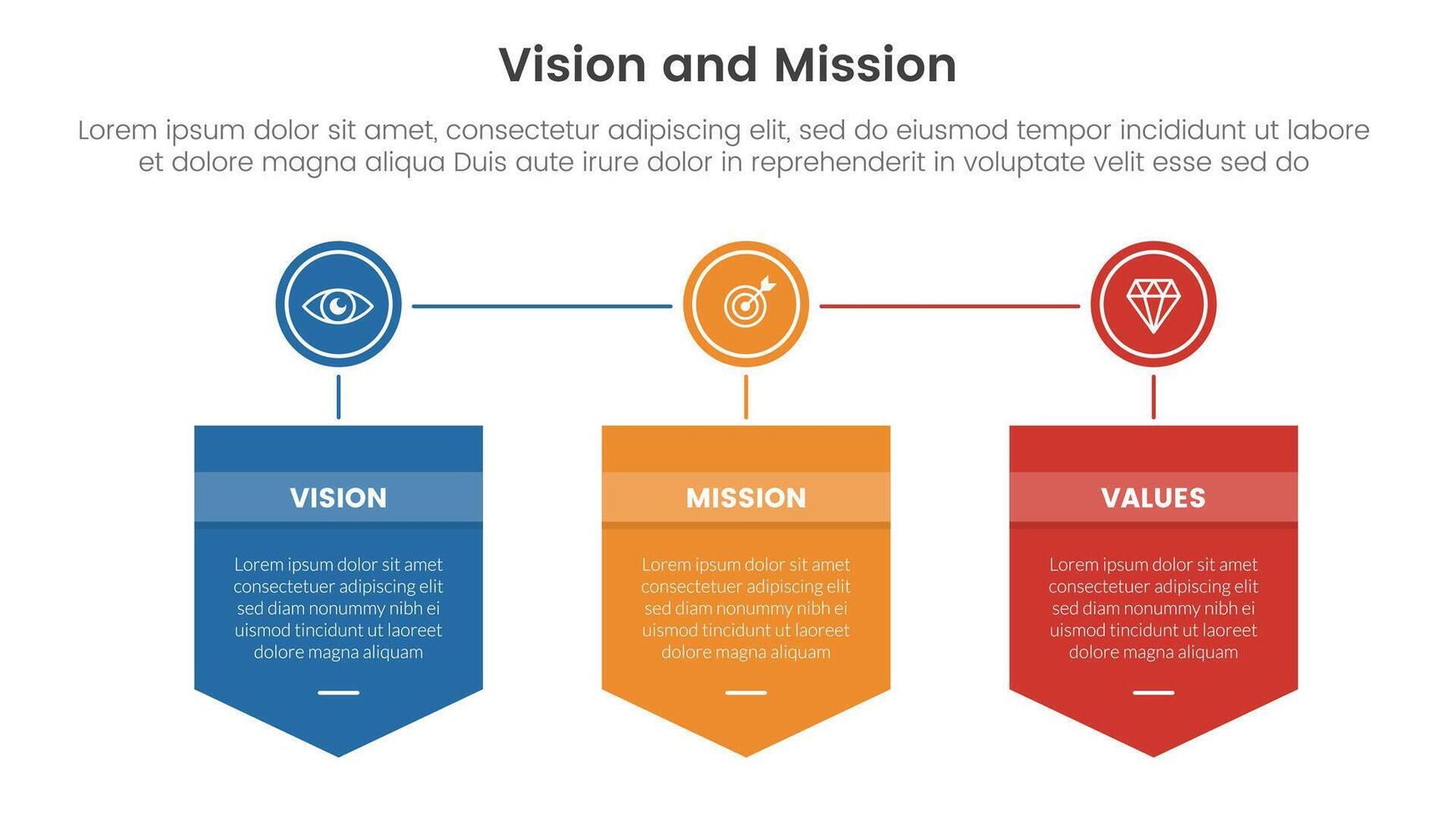 business vision mission and values analysis tool framework infographic with badge box and circle connected 3 point stages for slide presentation vector