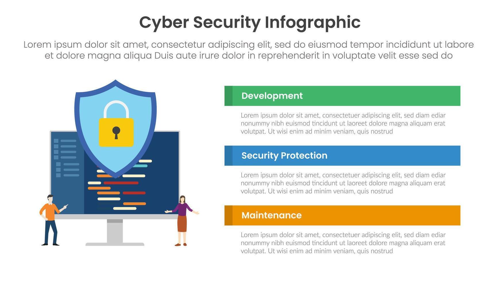 cybersecurity technology infographic template banner with programming development with shield protection with 3 point list information for slide presentation vector
