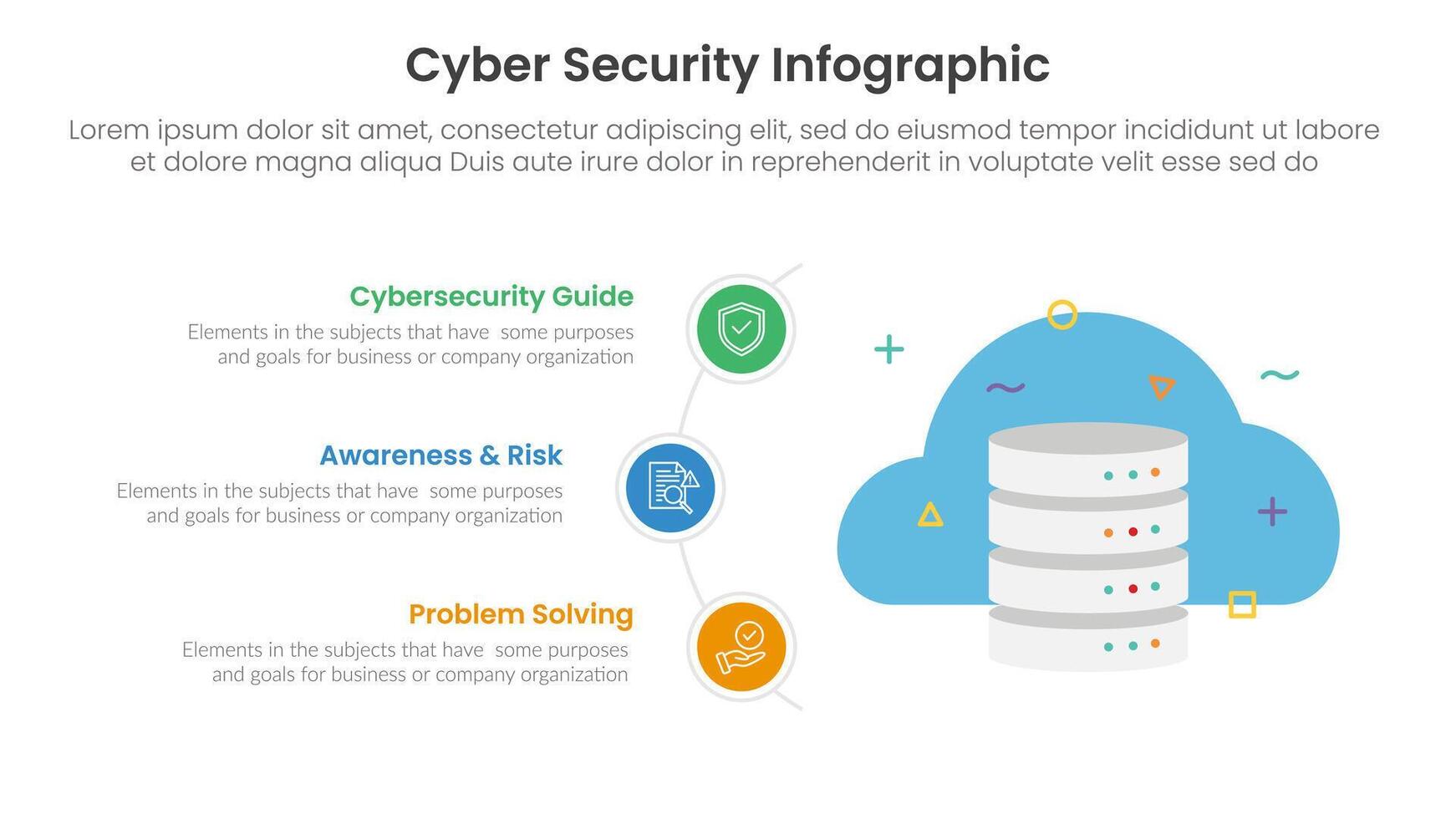 cybersecurity technology infographic template banner with cloud server data with half circle line on left side with 3 point list information for slide presentation vector