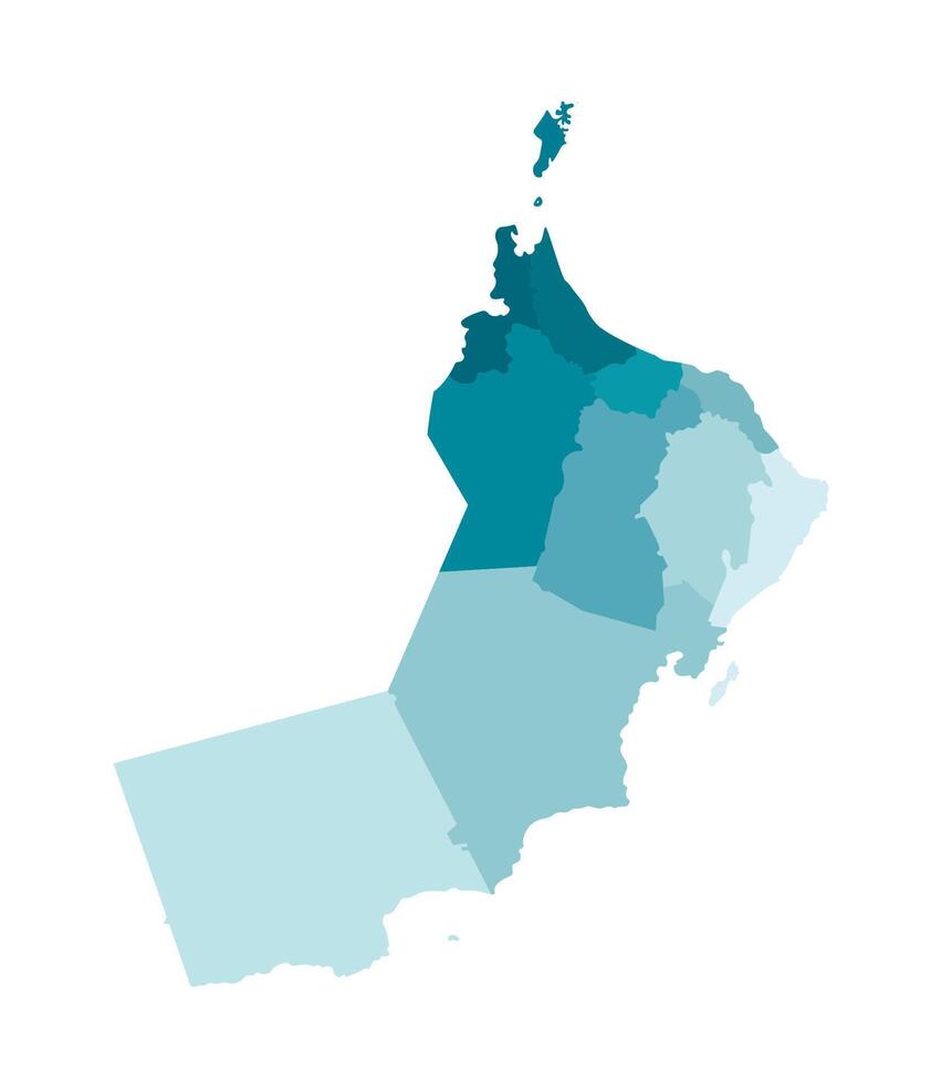 isolated illustration of simplified administrative map of Oman. Borders of the regions, governorates. Colorful blue khaki silhouettes. vector