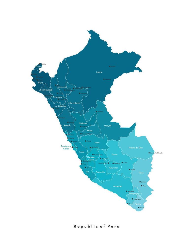 modern isolated illustration. Simplified administrative map of Peru in blue trendy colors. White background and outlines. Names of Peruvian cities, provinces vector