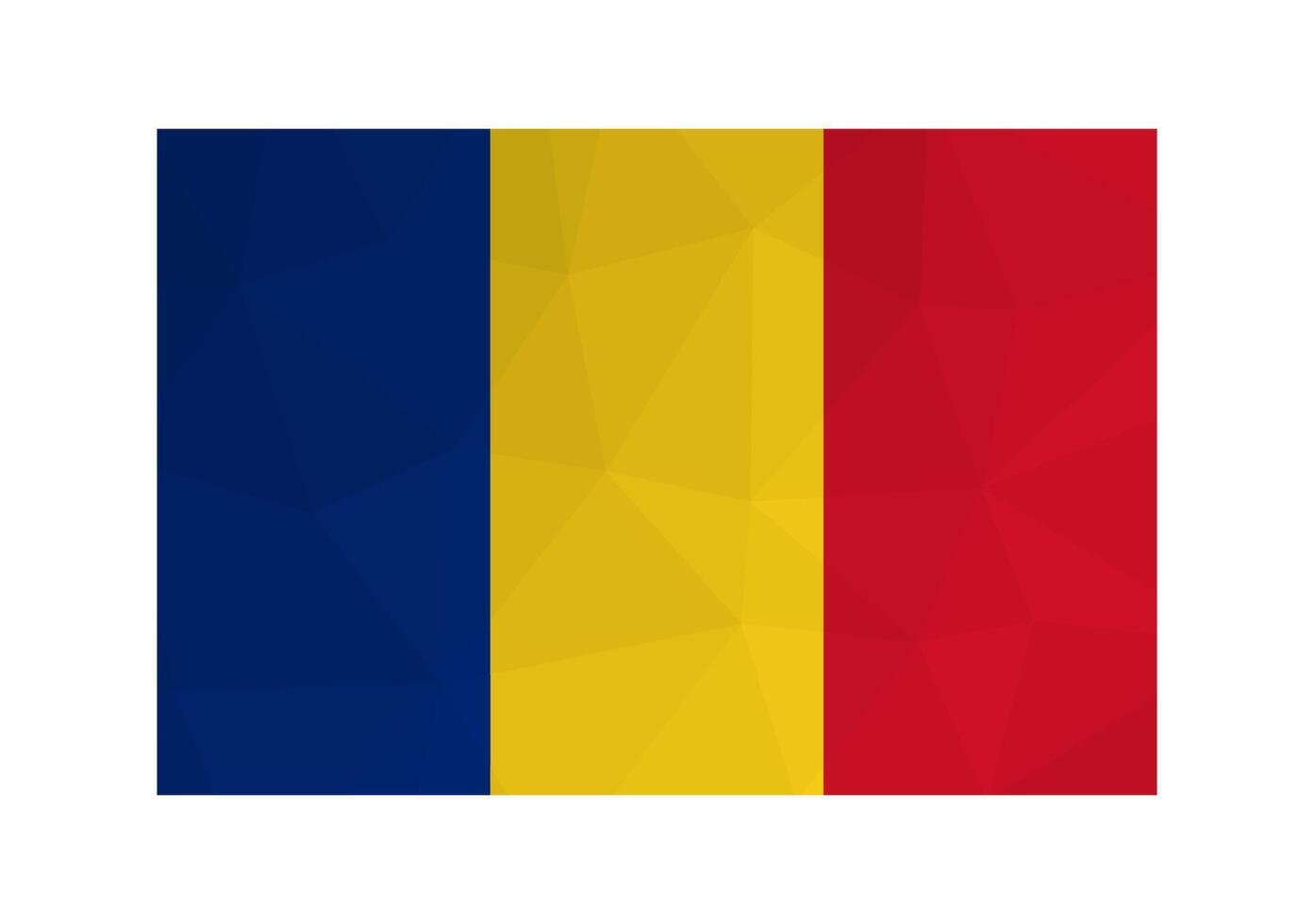 isolated illustration. National Romanian tricolor flag with bands of blue, yellow, red. Official symbol of Romania. Creative design in low poly style with triangular shapes. Gradient effect. vector