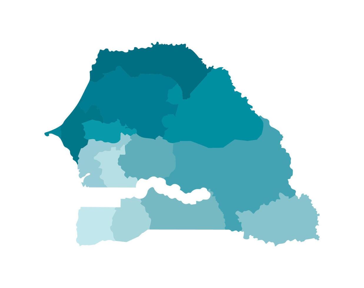 isolated illustration of simplified administrative map of Senegal. Borders of the regions. Colorful blue khaki silhouettes vector
