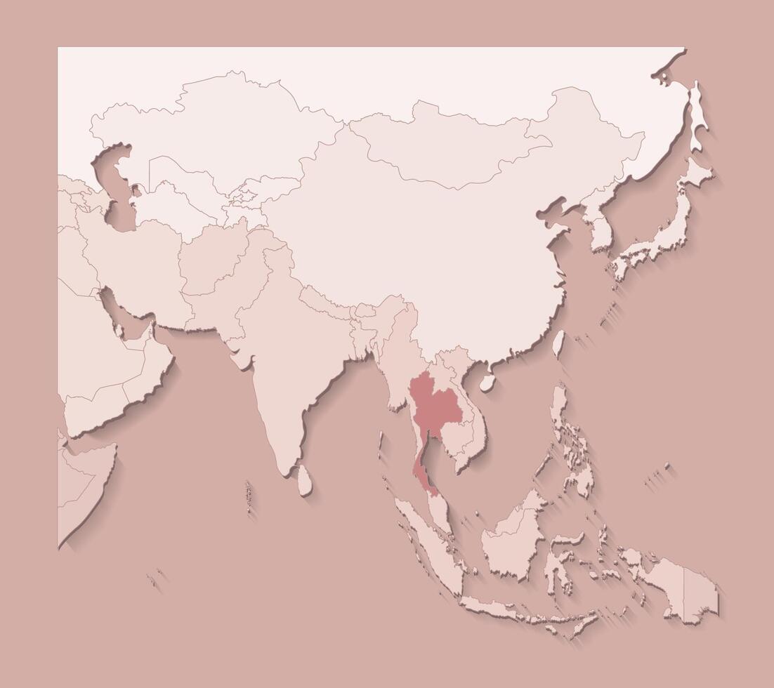 illustration with asian areas with borders of states and marked country Thailand. Political map in brown colors with regions. Beige background vector
