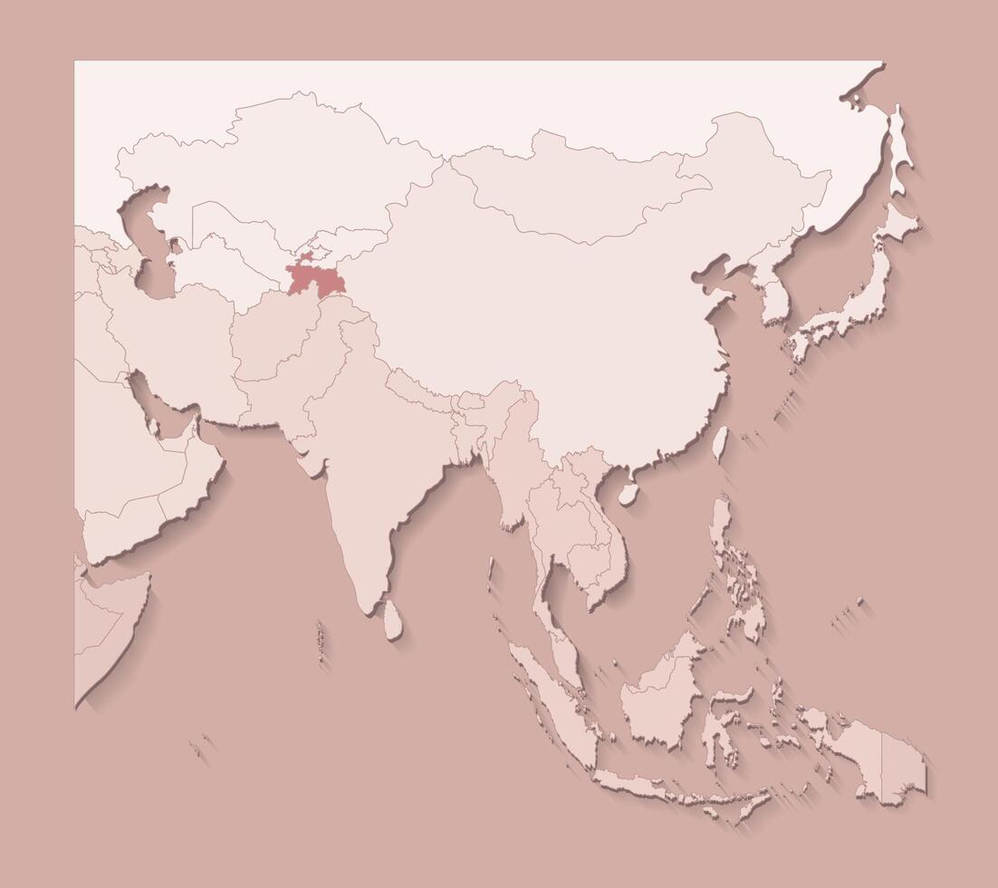 illustration with asian areas with borders of states and marked country Tajikistan. Political map in brown colors with regions. Beige background vector