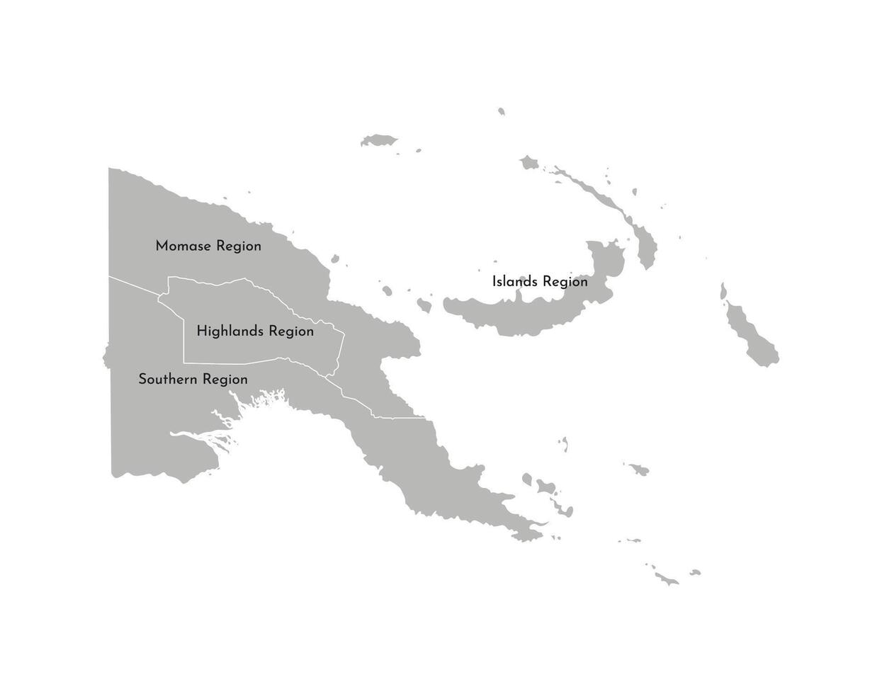 isolated illustration of simplified administrative map of Papua New Guinea. Borders and names of the regions. Grey silhouettes. White outline vector
