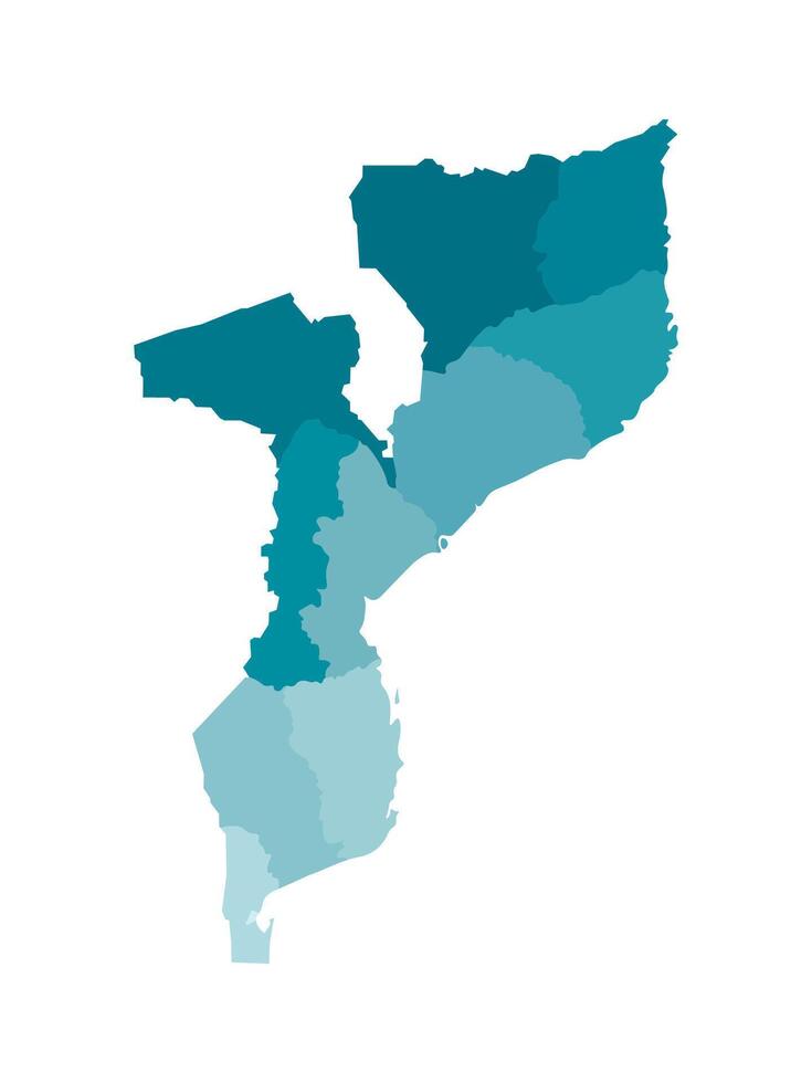 isolated illustration of simplified administrative map of Mozambique. Borders of the provinces, regions. Colorful blue khaki silhouettes vector