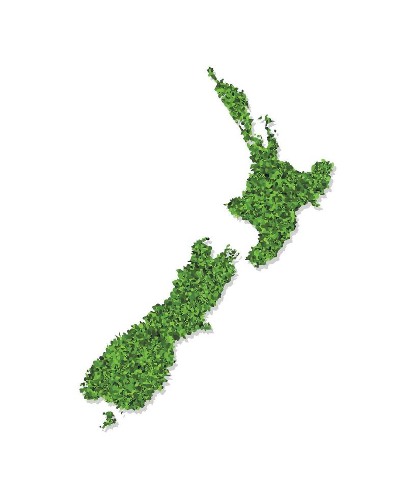 isolated simplified illustration icon with green grassy silhouette of New Zealand map. White background vector