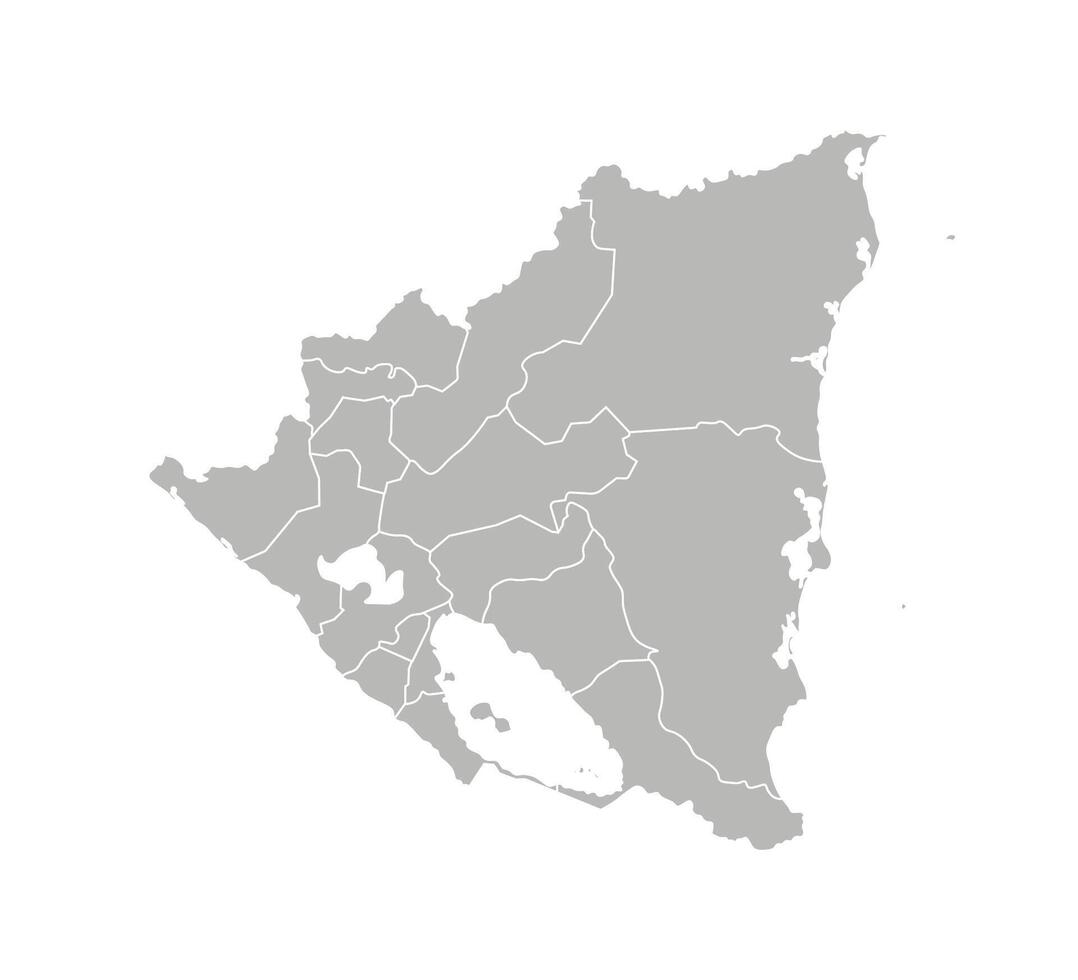 isolated illustration of simplified administrative map of Nicaragua. Borders of the departments, regions. Grey silhouettes. White outline vector