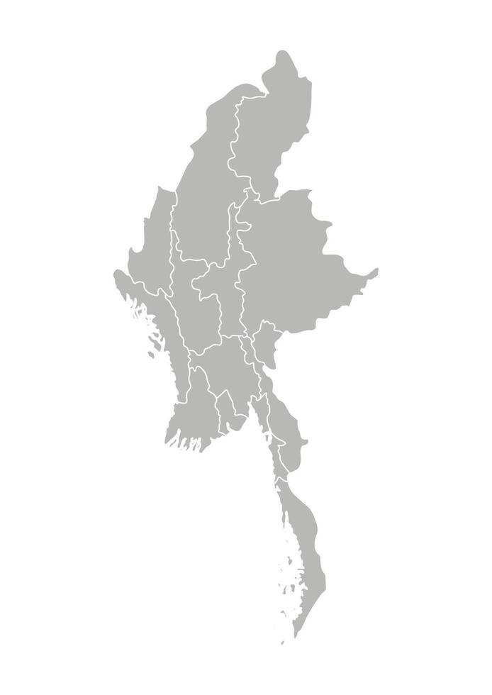 isolated illustration of simplified administrative map of Myanmar. Borders of the provinces, regions. Grey silhouettes. White outline. vector