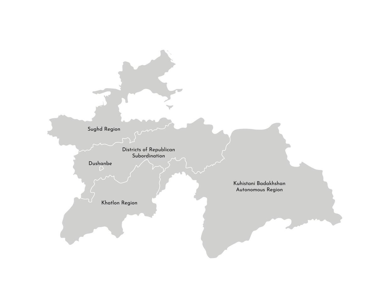 isolated illustration of simplified administrative map of Tajikistan. Borders and names of the provinces, regions. Grey silhouettes. White outline vector