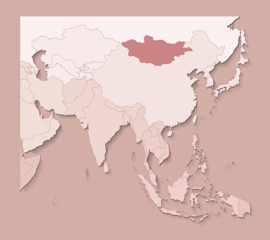 illustration with asian areas with borders of states and marked country Mongolia. Political map in brown colors with regions. Beige background vector