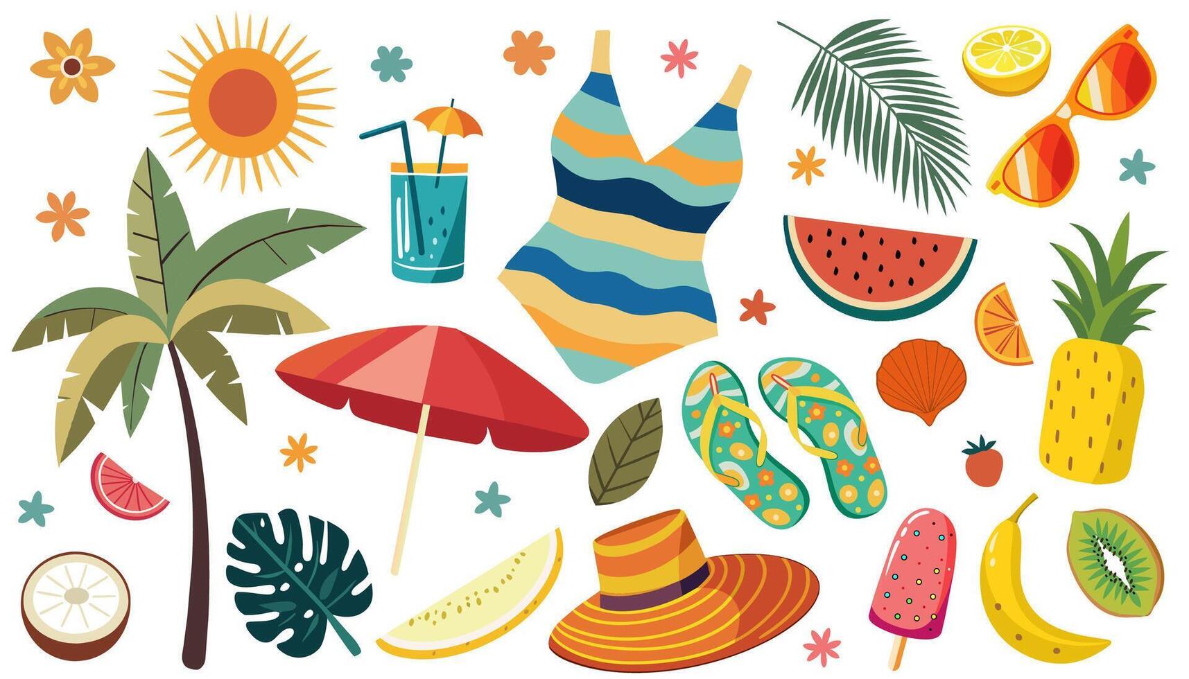 Hand drawn set of tropical summer elements with fruits, palm, plants, swimsuit, hat, cocktail, ice cream. Cartoon style illustration. vector