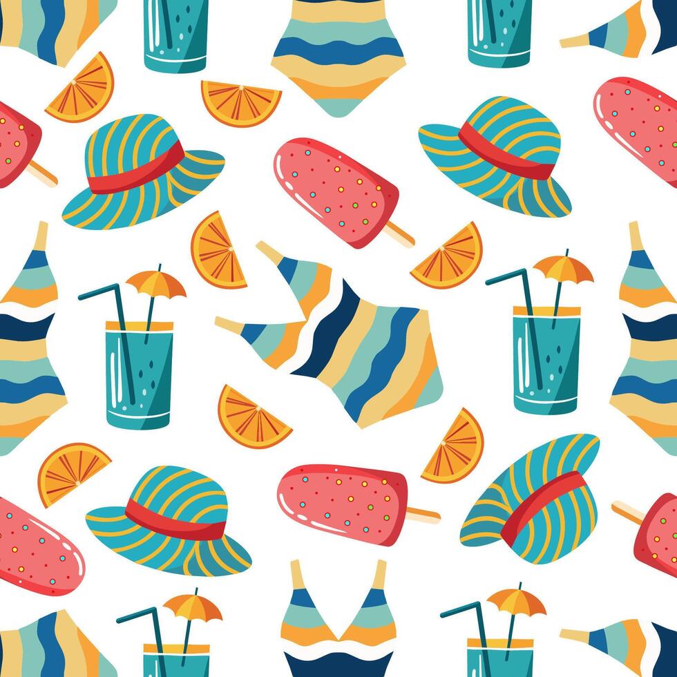 Seamless pattern with summer elements - swimsuit, hat, cocktail, ice cream. Summer background. Cartoon style llustration. vector