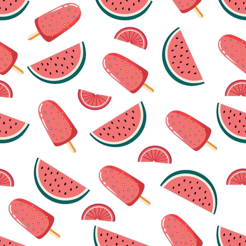 Seamless pattern with melon and ice cream. Summer background. Cartoon style illustration. vector