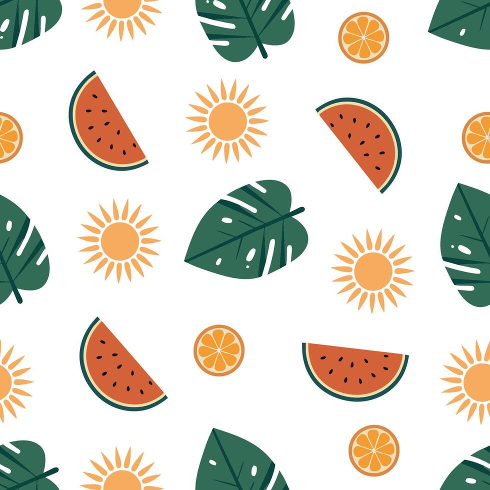 Seamless pattern with hand drawn tropical tree leaf, melon and sun. Summer tropical background. Cartoon style illustration. vector