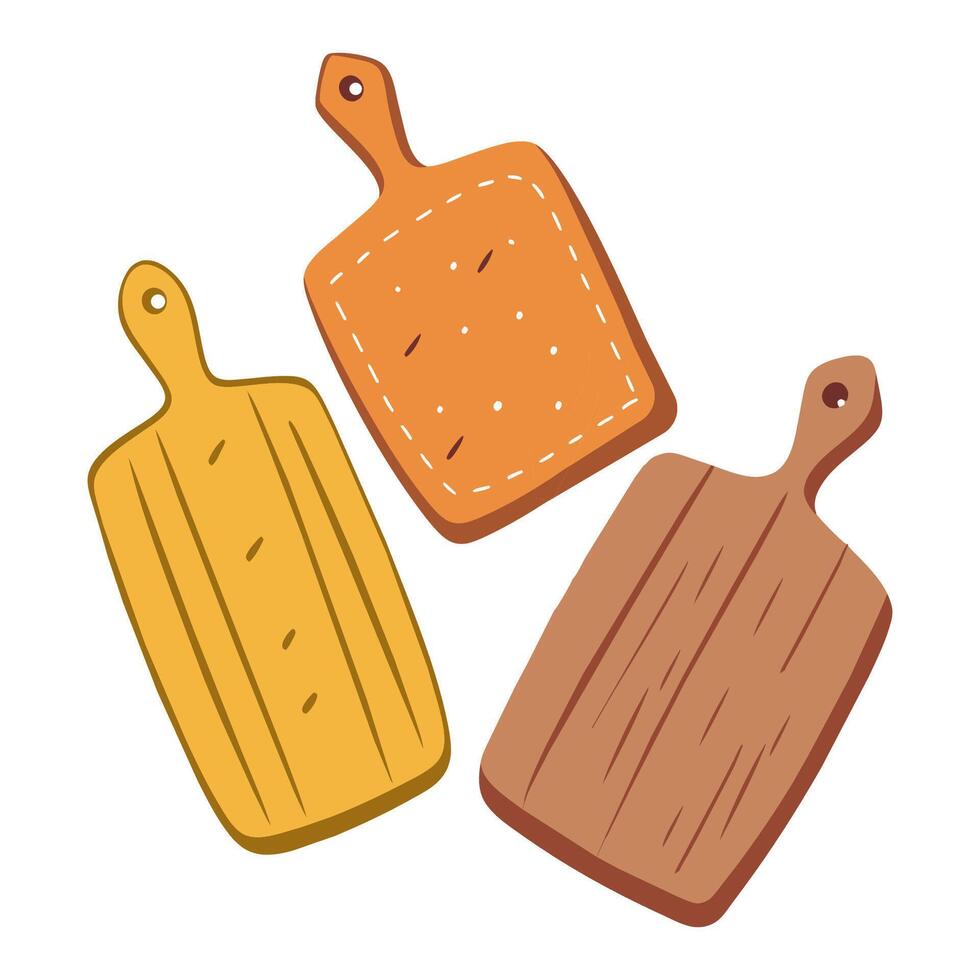 Set of hand drawn kitchen cutting boards. Cartoon style illustration. vector
