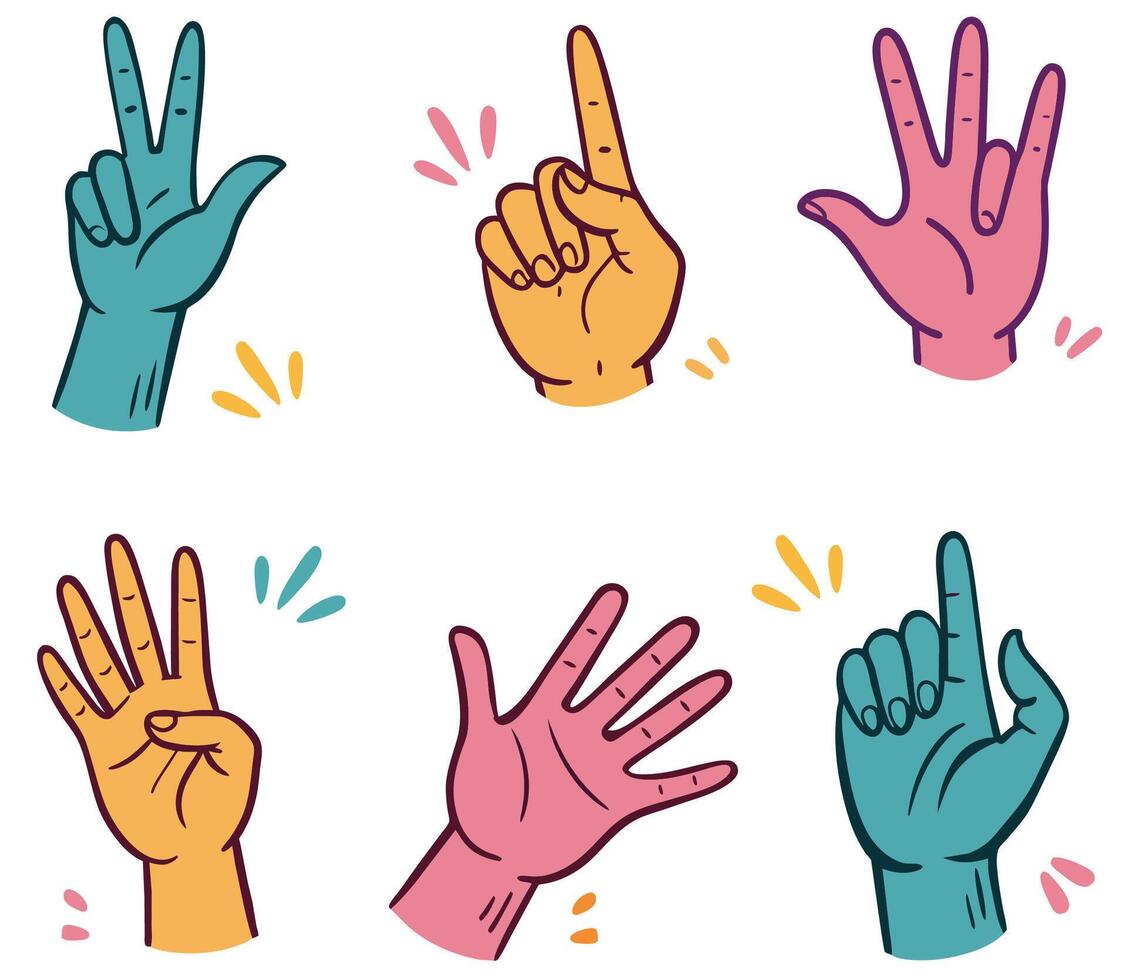 Hand drawn hands showing different gestures. Concept of communication and expressions. Cartoon illustration vector