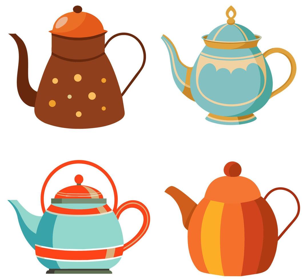 Set of hand drawn traditional teapots. Cartoon style illustration. vector