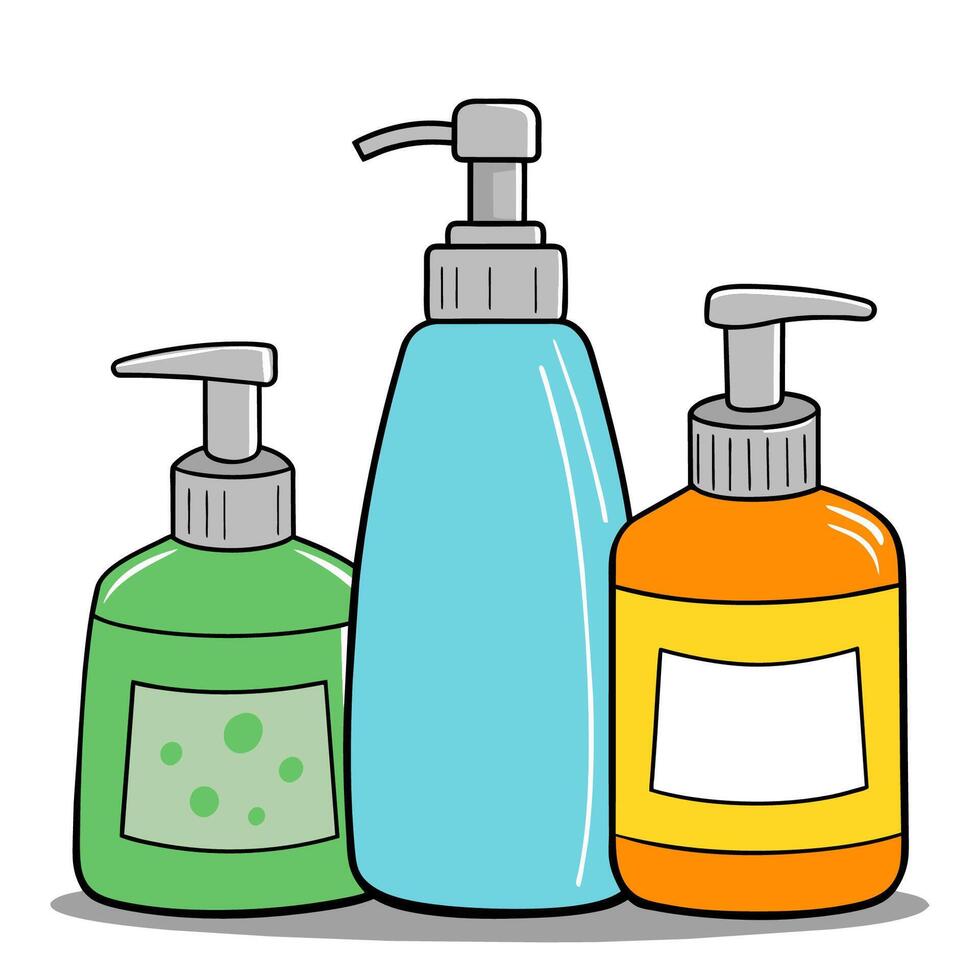 Hand drawn set of bottles with liquid soap. Cartoon style illustration. vector