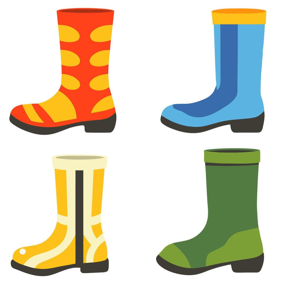 Set of colorful rubber boots. Waterproof protective footwear. Cartoon style illustration. vector