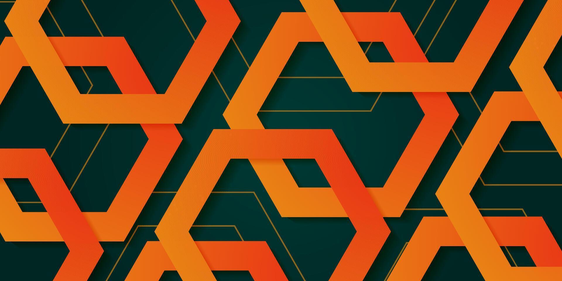 Abstract dark green 3D background with orange hexagon pattern. Hexagonal structure shapes. Hexagonal texture design. Colorful pattern design vector