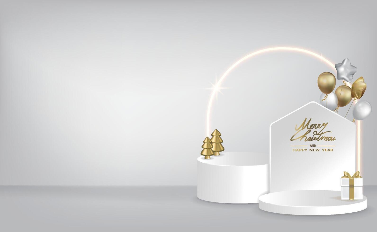 White round display stand with balloons and Christmas tree decorations, suitable for Christmas and New Year vector