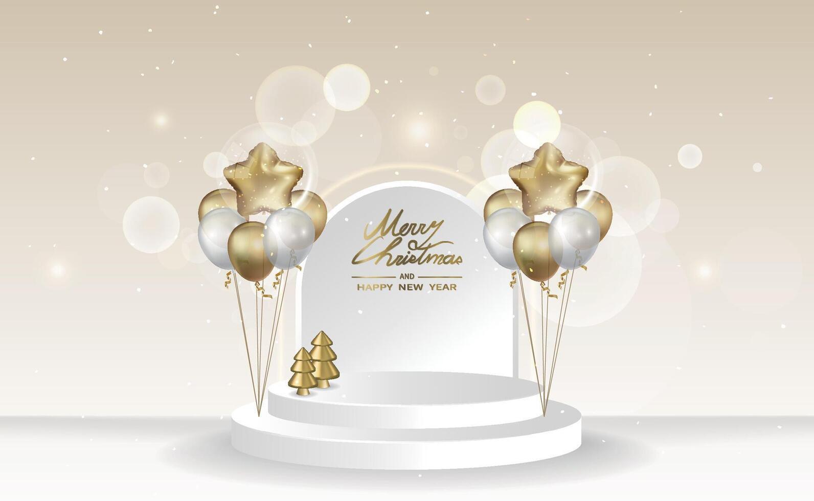 White round display stand with balloons and Christmas tree decorations, suitable for Christmas and New Year vector
