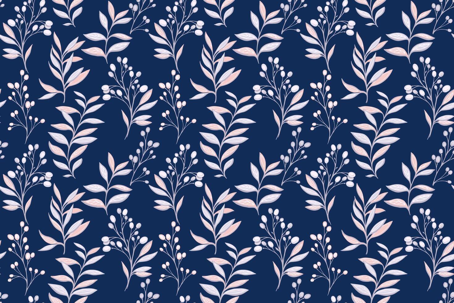 Abstract artistic creative branches leaves, shapes berries on branch. Unique plants contemporary seamless print on a dark blue background. hand drawing illustration. Designs for fabric vector