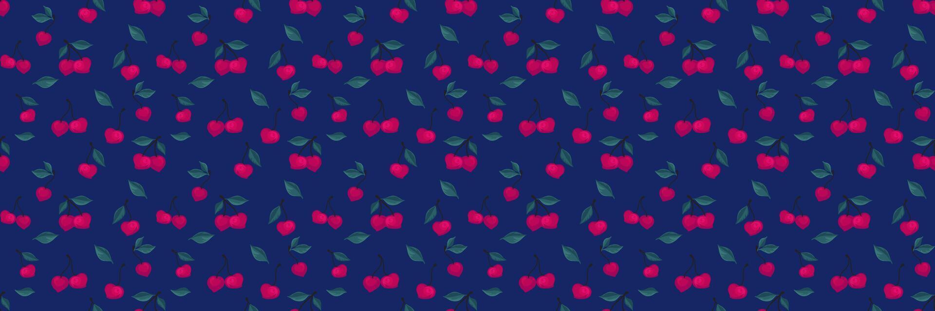 Summer pattern with creative tiny cherry with small leaves. Abstract artistic berries, fruits, leaf seamless print on a dark background. hand drawing painted. Design ornament vector