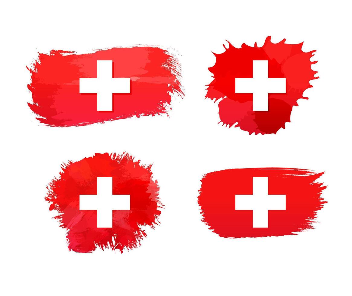 Set of isolated Swiss flag icons. Watercolor spots, brushing strokes design. Weekend tour symbol concept. Ink stain with flag of Switzerland background and clipping mask. Clip art collection. vector