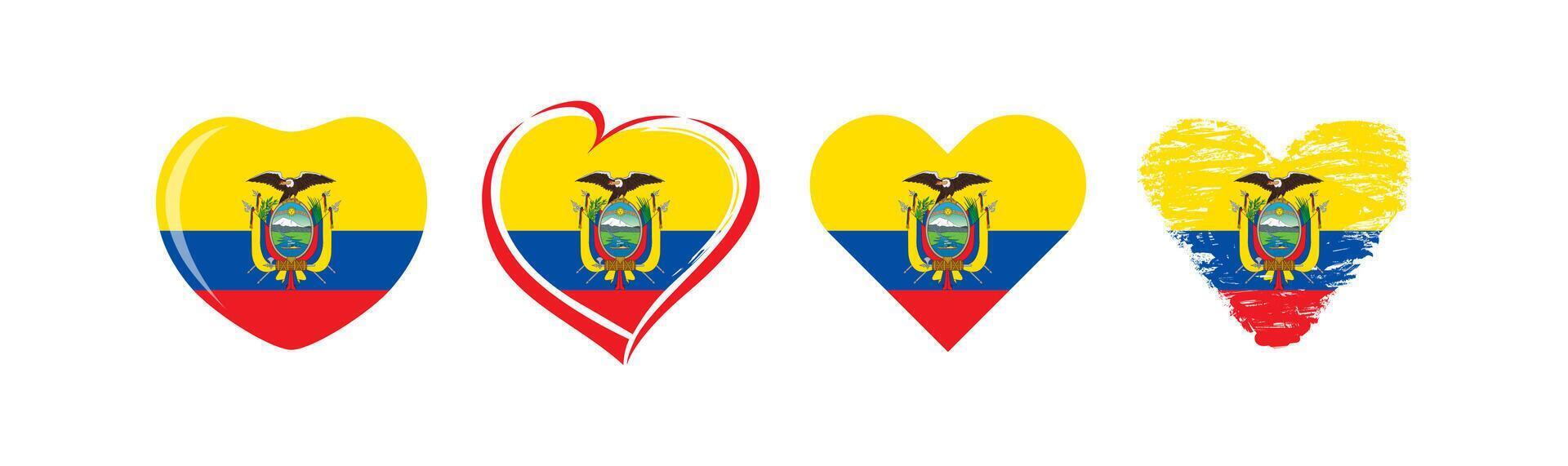 Big set of isolated hearts with Ecuadorian flag background. Creative emblem, business logo, sport icon, travel symbol, political sign. Welcome to Ecuador invitation, ticket or souvenir design element. vector