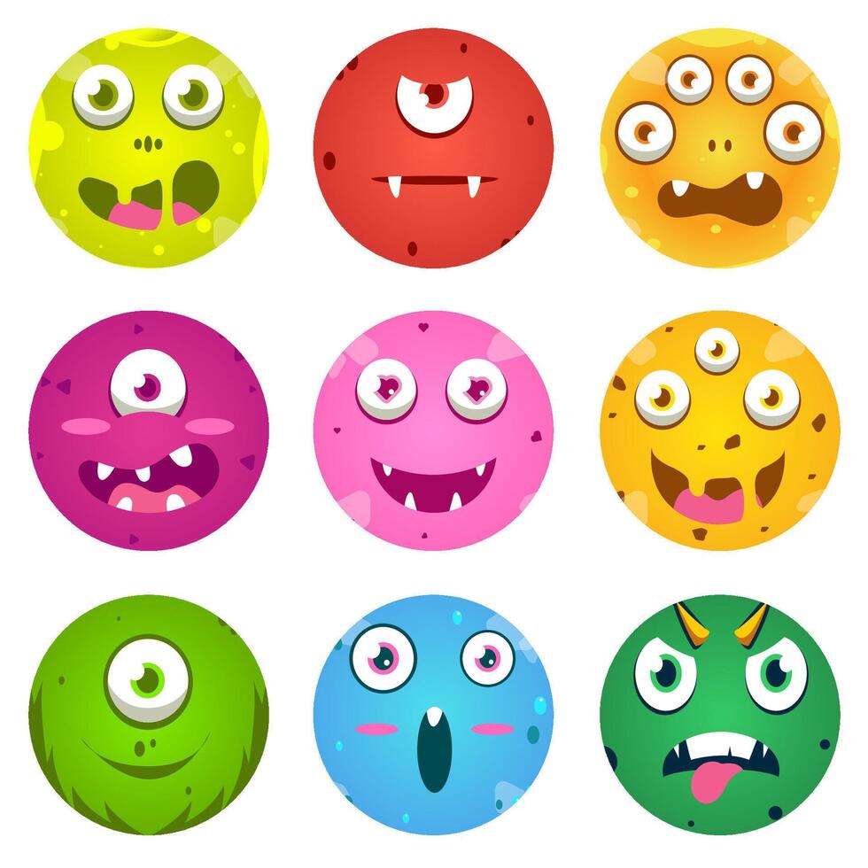 Set round monster face with various faces vector