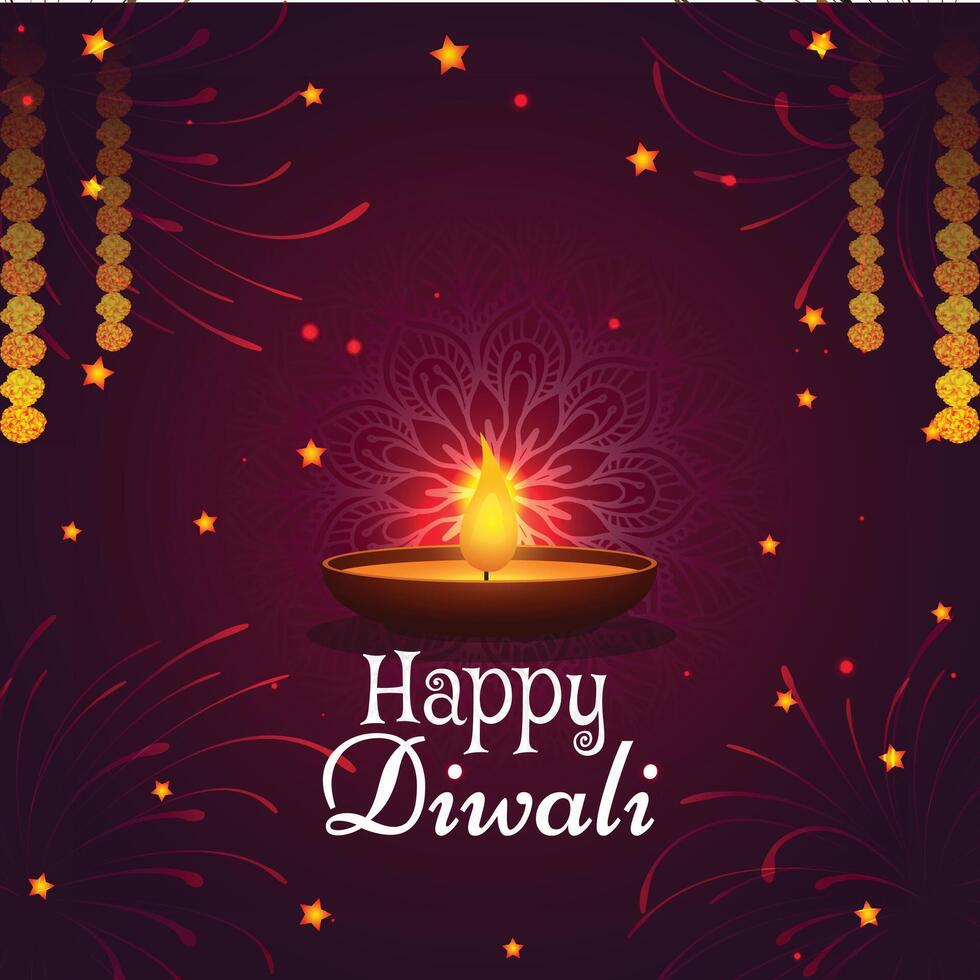 a poster for happy Diwali with fireworks and a Diya in the background vector