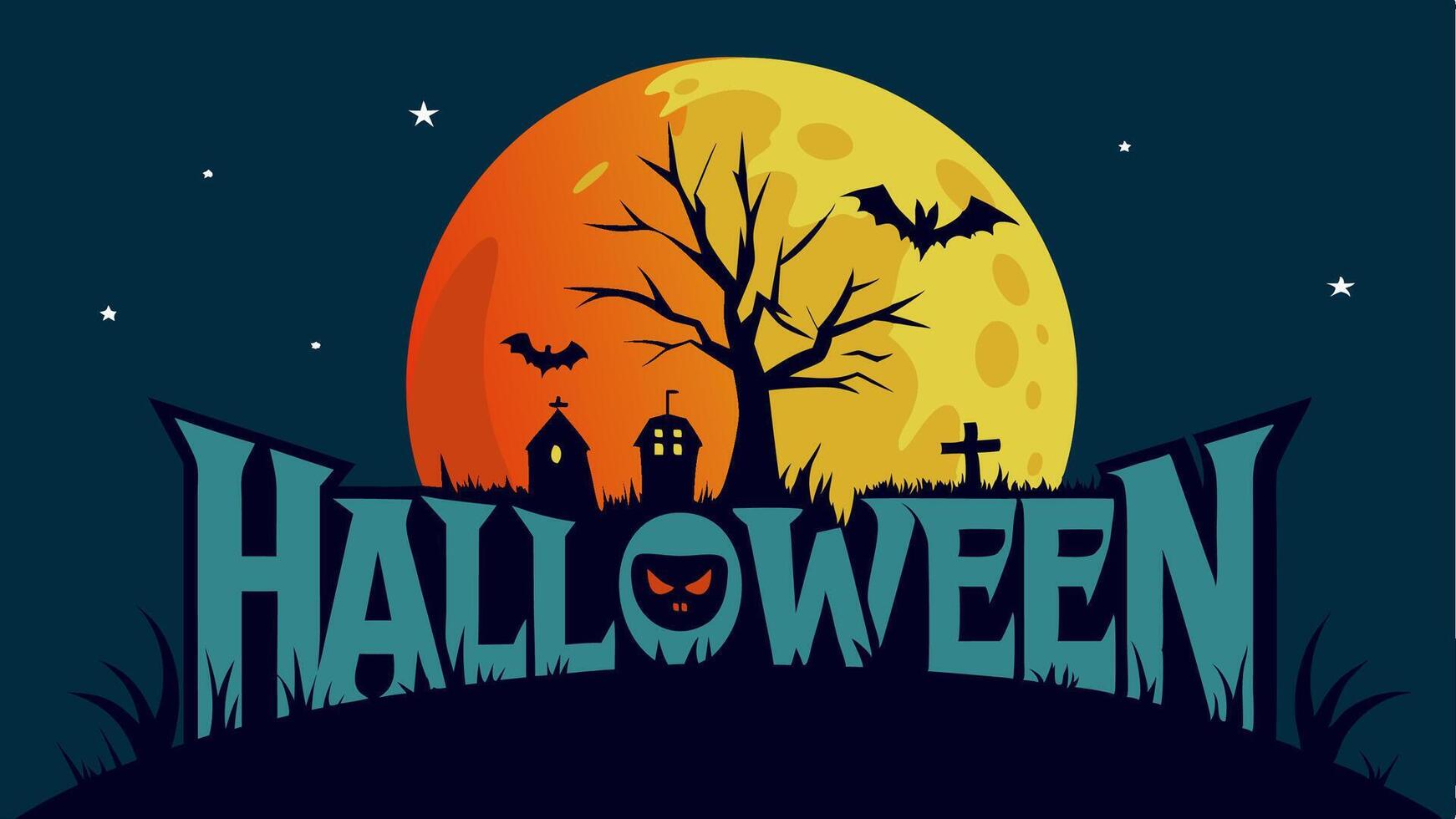 Haloween background with black castle, graveyard at night full moon vector
