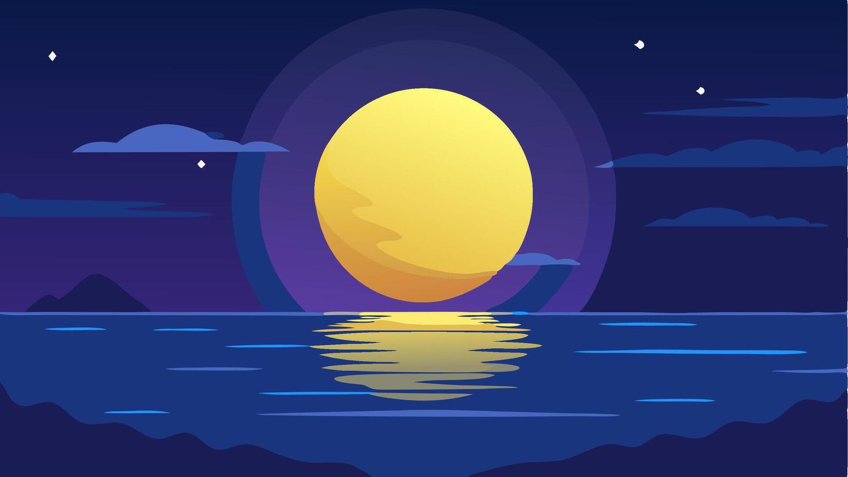 Blue moon background silhouete background, flat design background at sea and night moment for your background, game background vector
