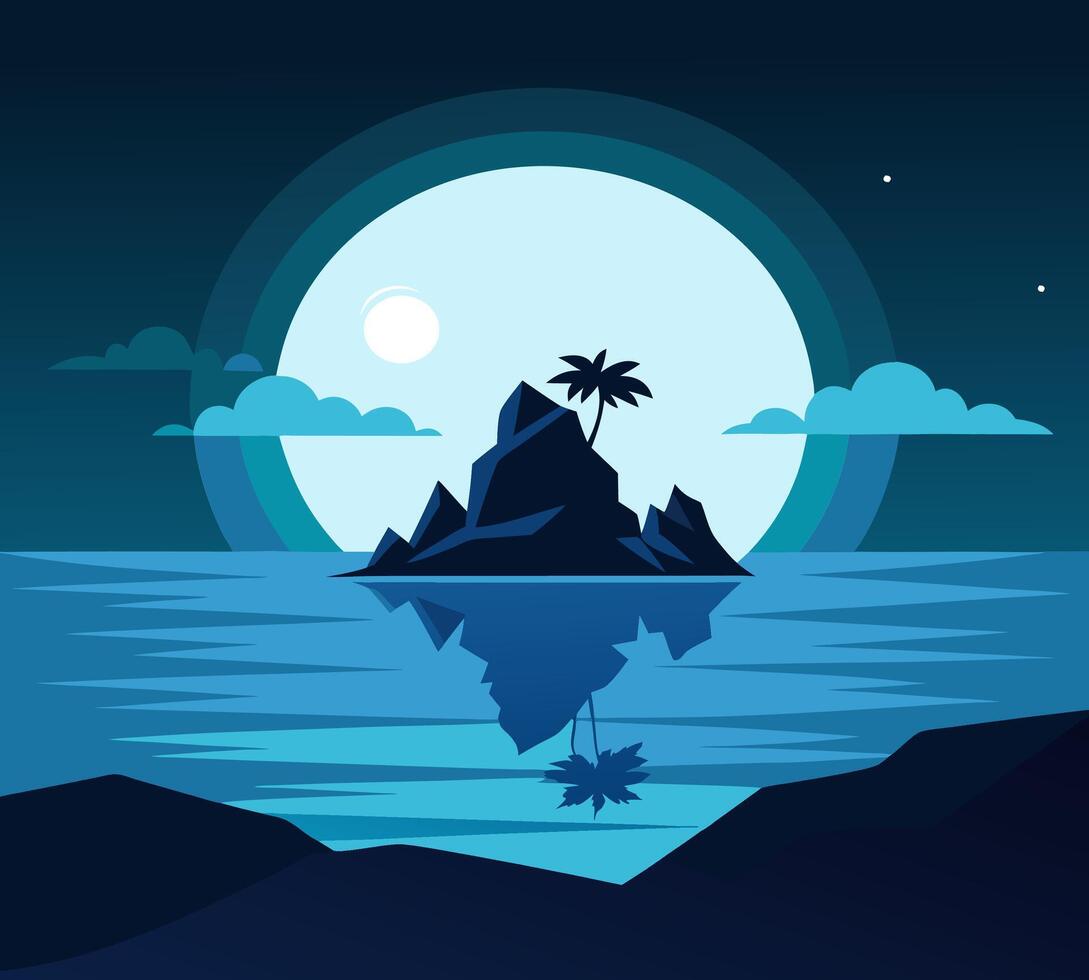 Blue moon background silhouete background, flat design background at sea and night moment for your background, game background vector