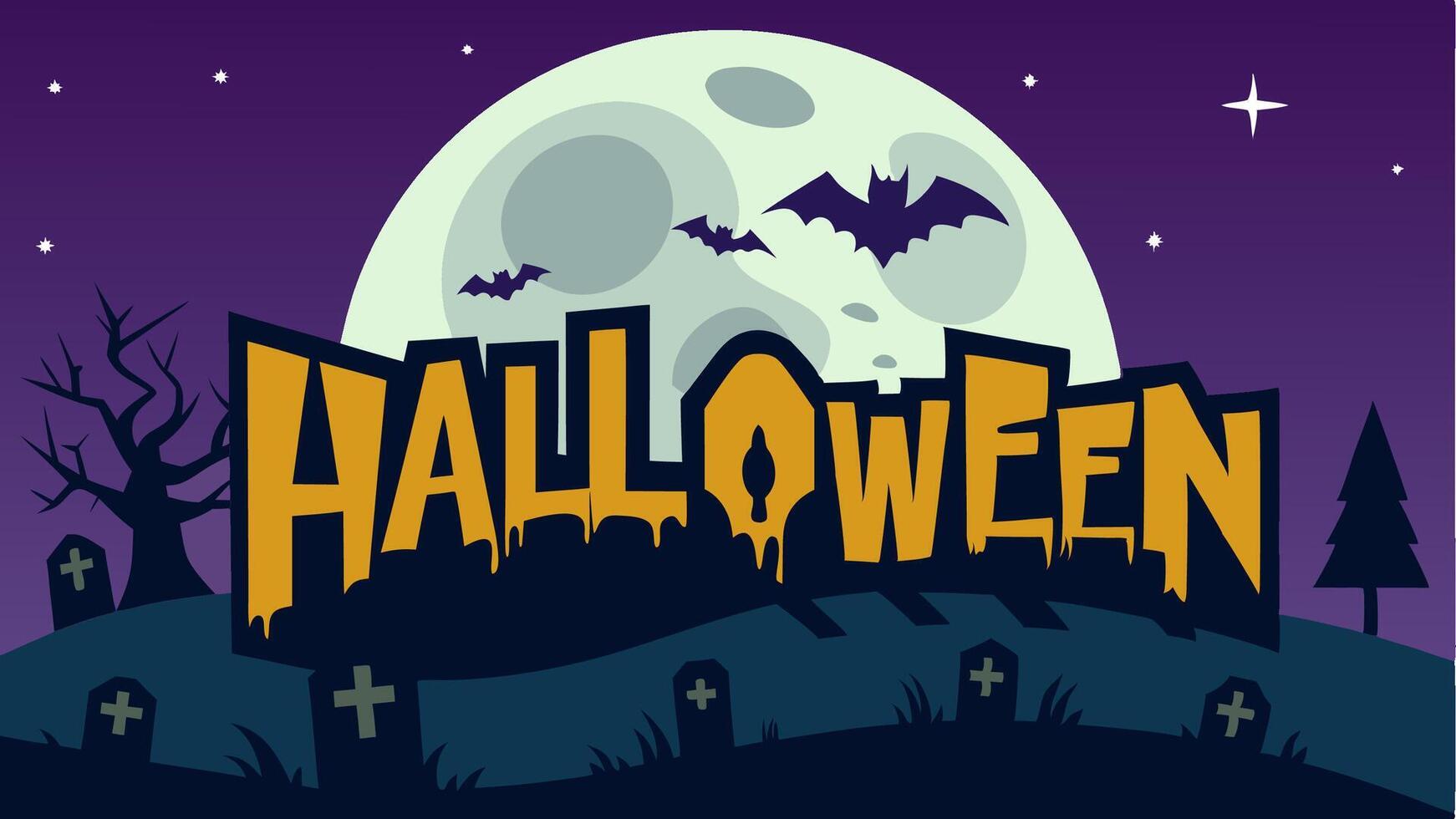 Haloween background with black castle, graveyard at night full moon vector