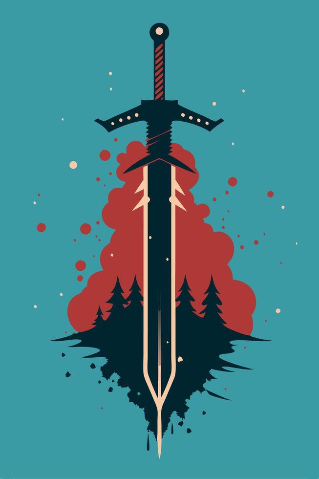 Sword with splatted ink background with vintage effect for your design, cover book design, child book design vector