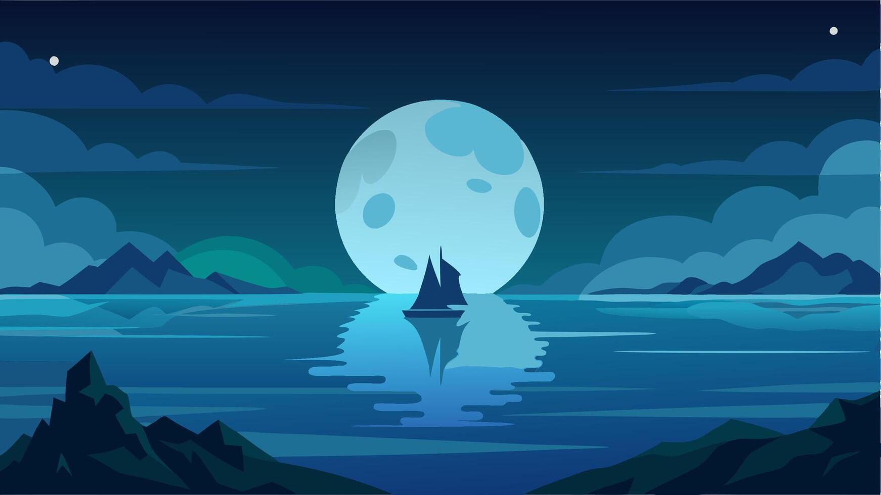 Blue moon background silhouete background, flat design background at sea and night moment for your background, game background vector